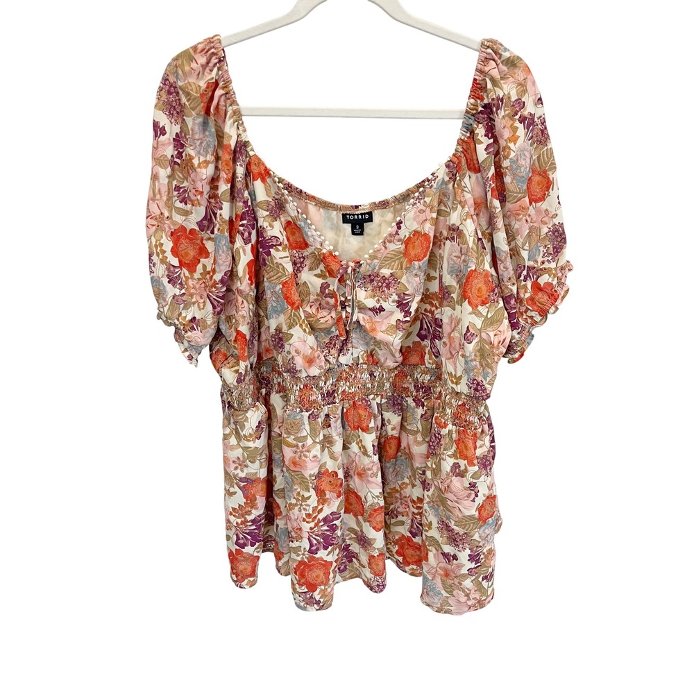 Torrid Georgette Eyelet Smocked Waist Puff Sleeve Top Floral Boho Size 3X